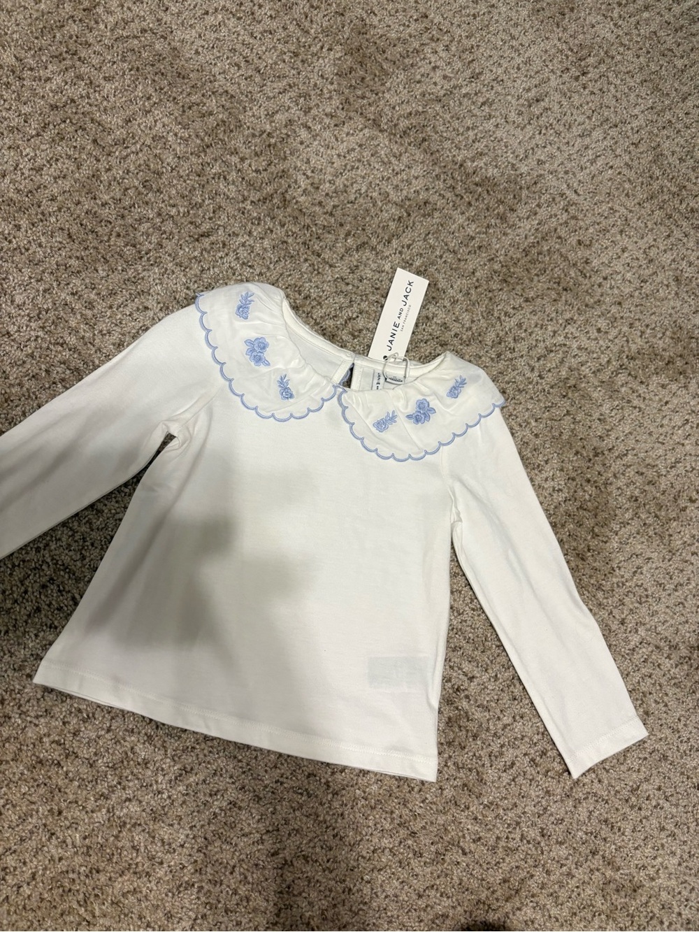 Janie and Jack White Long-Sleeve Top with Blue Embroidered Scallop Collar